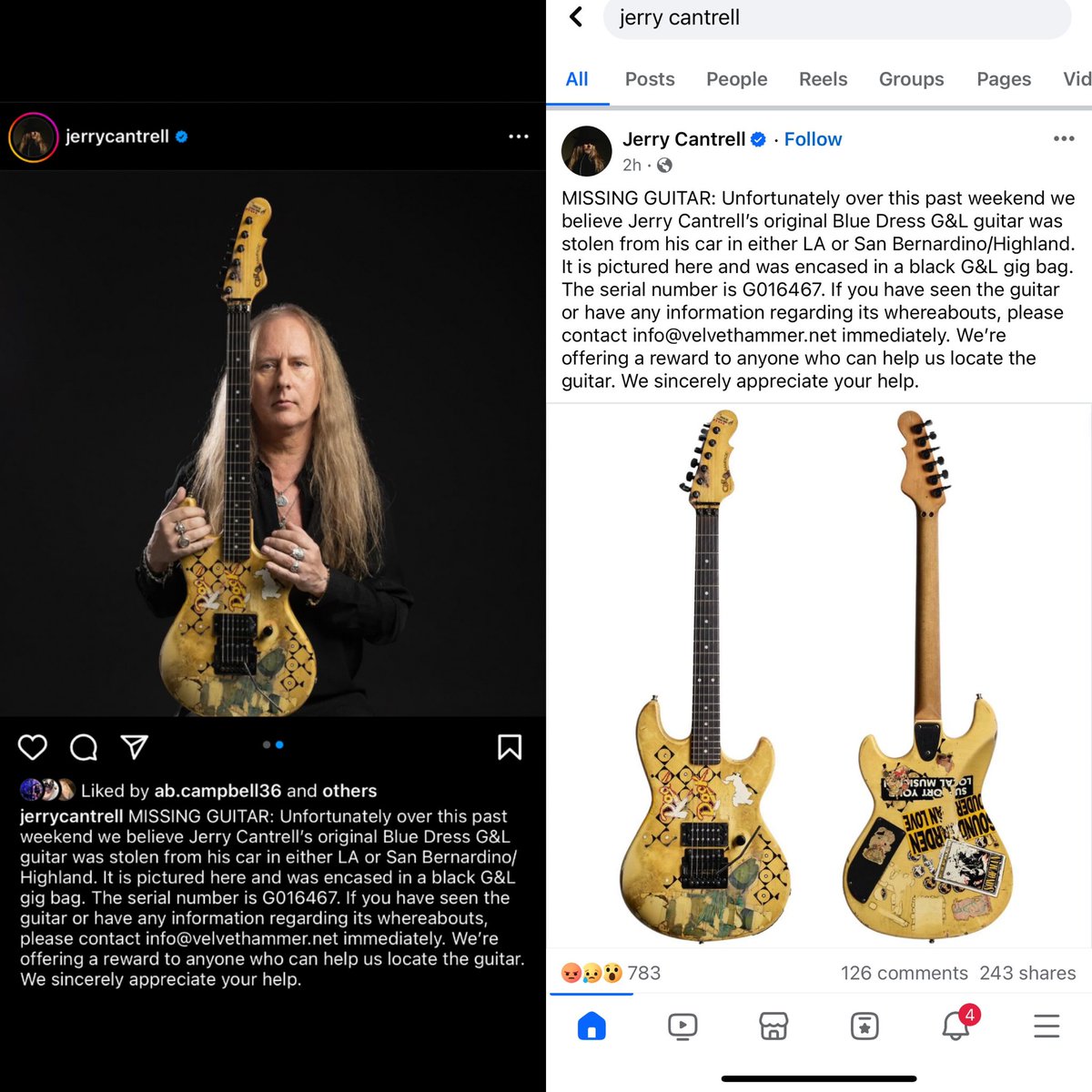 ALMIGHTY BLACK LABEL FAMILY!!! FATHER JERRY CANTRELL’S BELOVED G&L FIDDLE HAS BEEN STOLEN!!! ANY INFO at PAWNS SHOPS Etc. - LET ME KNOW or REACH OUT TO FATHER JERRYS SOCIAL MEDIA!!! THANKS BL FAMILY!!! @JerryCantrell @AliceInChains