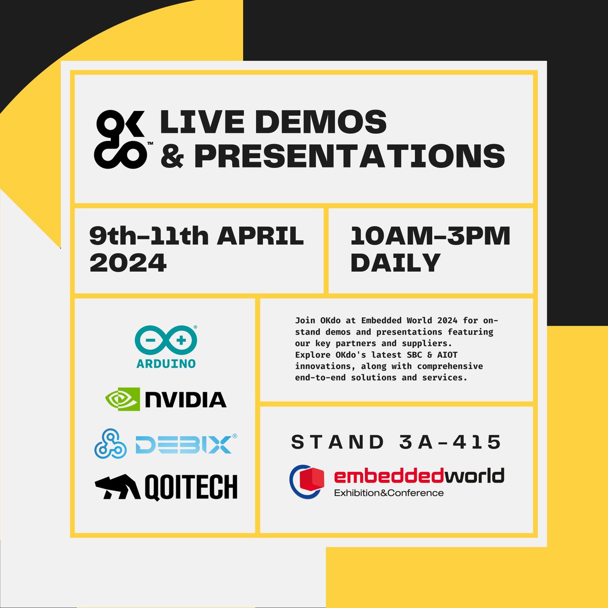 We're excited for another day at #EmbeddedWorld. Join us at stand 3A-415 for live demos and presentations from 10AM-3PM. Highlights include a live demo with @QoitechWorld at 11AM and a Q&A session on OKdo's customisable services at 12PM. See you there! #LetsOKdo #EW24