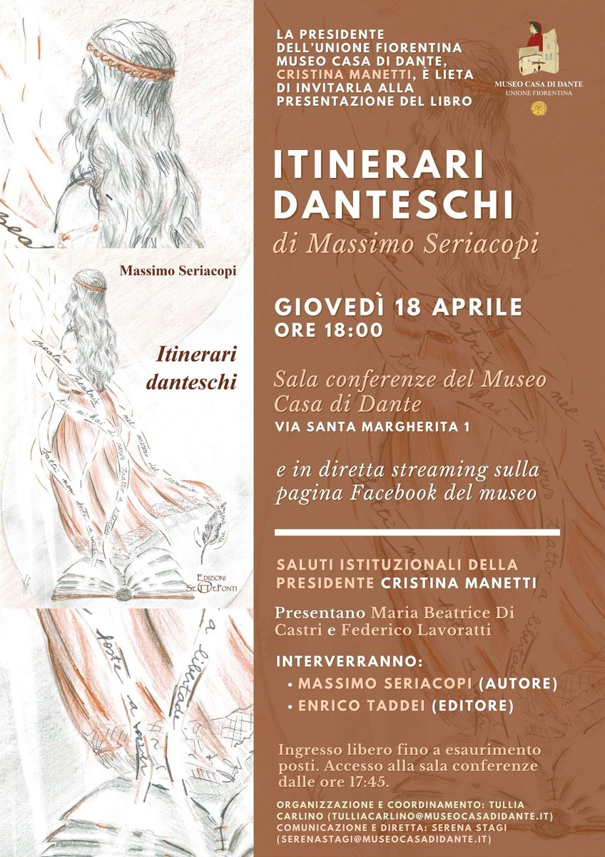 📖 Giovedì 18 aprile, ore 18:00, vi aspettiamo al museo e in diretta streaming sulla nostra pagina Facebook per la presentazione del libro di Massimo Seriacopi 𝑰𝒕𝒊𝒏𝒆𝒓𝒂𝒓𝒊 𝒅𝒂𝒏𝒕𝒆𝒔𝒄𝒉𝒊 (Edizioni Setteponti)
museocasadidante.it/presentazione-…