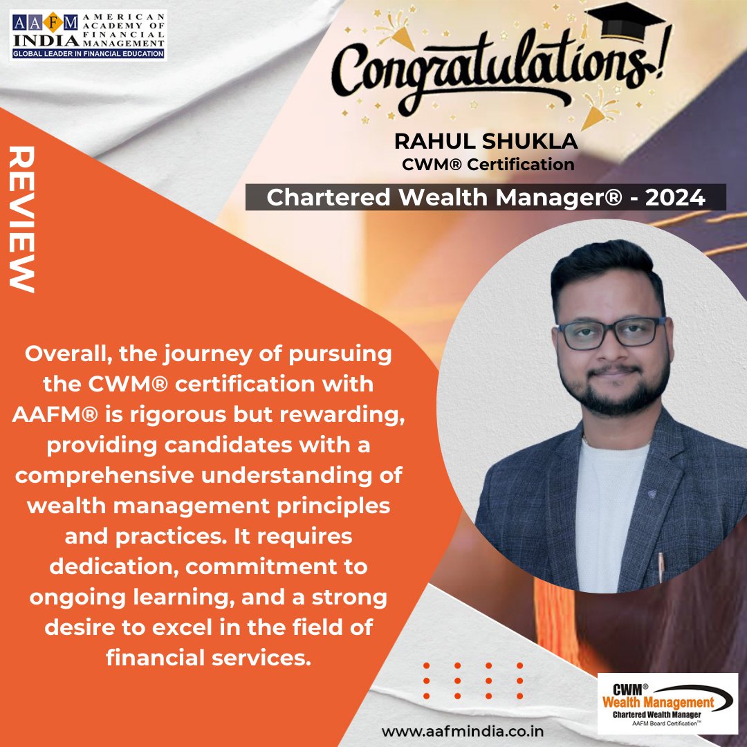 AafmIndia's tweet photo. Reaching New Heights! Congratulations Rahul Shukla on Attaining the Chartered Wealth Manager Designation. Your dedication to lifelong learning is an inspiration to all in the financial industry. 

#charteredwealthmanager #charteredesignation #cwm #cwmsahihai #aafm #aafmindia https://t.co/j0yM2iP6Pa