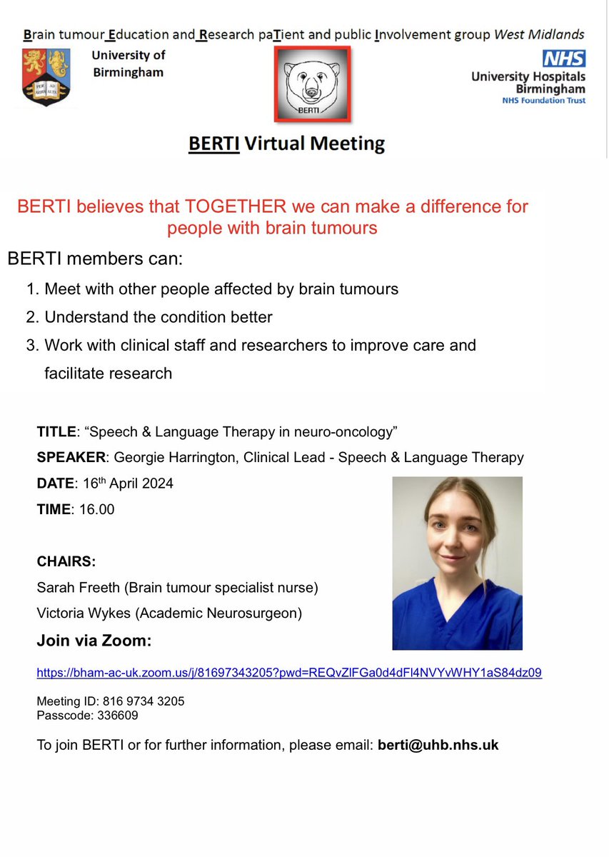 BERTI (@bertibrain1) on Twitter photo Our next virtual meeting is on Tues 16 April 4-5pm via Zoom.
‘Speech & Language Therapy in Neuro-Oncology’
Please share. <a href="/ProfCWatts/">Colin Watts</a> <a href="/UHBNeurosurgery/">UHB Neurosurgery</a> <a href="/IcgsUob/">Cancer and Genomic Sciences</a> <a href="/brainstrust/">brainstrust</a> <a href="/TheGilesTrust/">The Giles' Trust</a> <a href="/braintumourrsch/">Brain Tumour Research</a> @TessaJ_Academy <a href="/BrainTumourOrg/">The Brain Tumour Charity</a> <a href="/BrainTumourSupp/">Brain Tumour Support 💙</a> <a href="/williamblo/">William Lo</a> <a href="/BchNeuroOnc/">BCH Neuro Oncology</a> Our next virtual meeting is on Tues 16 April 4-5pm via Zoom.
‘Speech & Language Therapy in Neuro-Oncology’
Please share. <a href="/ProfCWatts/">Colin Watts</a> <a href="/UHBNeurosurgery/">UHB Neurosurgery</a> <a href="/IcgsUob/">Cancer and Genomic Sciences</a> <a href="/brainstrust/">brainstrust</a> <a href="/TheGilesTrust/">The Giles' Trust</a> <a href="/braintumourrsch/">Brain Tumour Research</a> @TessaJ_Academy <a href="/BrainTumourOrg/">The Brain Tumour Charity</a> <a href="/BrainTumourSupp/">Brain Tumour Support 💙</a> <a href="/williamblo/">William Lo</a> <a href="/BchNeuroOnc/">BCH Neuro Oncology</a>