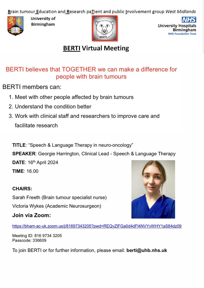 Our next virtual meeting is on Tues 16 April 4-5pm via Zoom. ‘Speech & Language Therapy in Neuro-Oncology’ Please share. @ProfCWatts @UHBNeurosurgery @IcgsUob @brainstrust @TheGilesTrust @braintumourrsch @TessaJ_Academy @BrainTumourOrg @BrainTumourSupp @williamblo @BchNeuroOnc