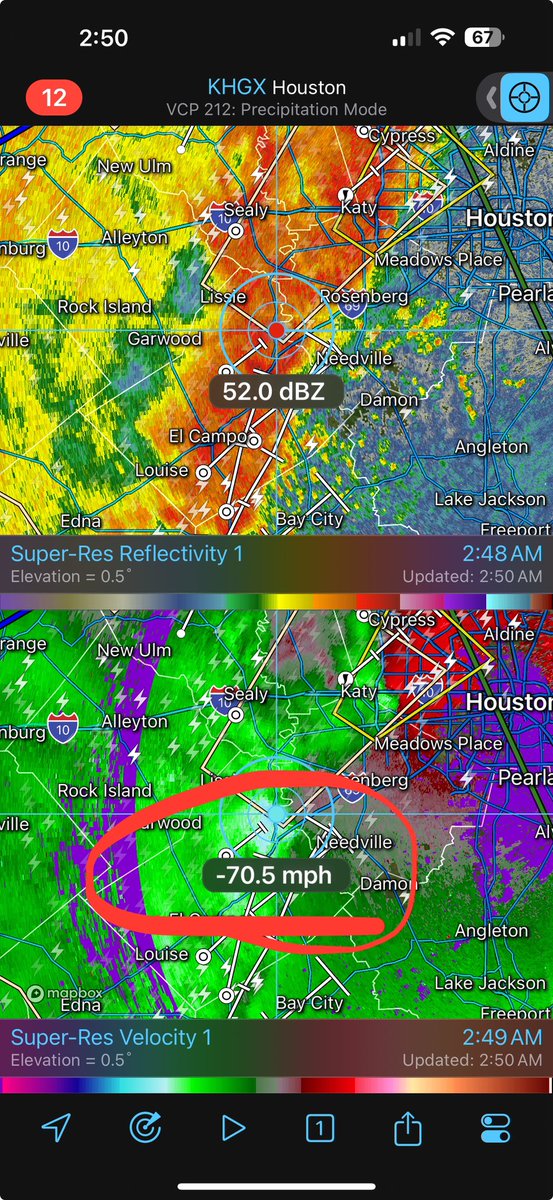 70mph wind gusts depicted by radar southwest of Houston near Needville, TX as of 2:50amCT. #houwx #txwx