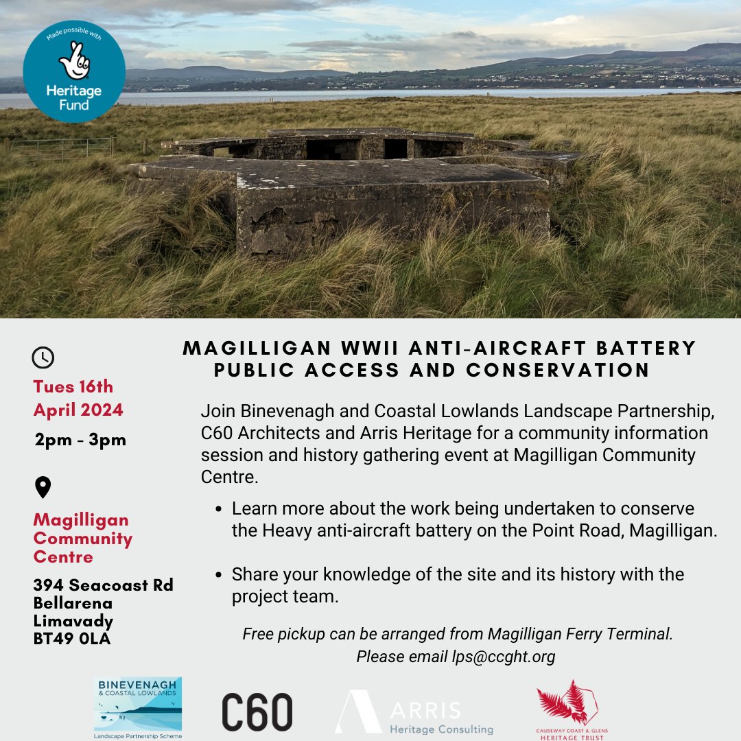 Did you know that thanks to @HeritageFundNI work is underway to conserve the WWII Heavy Anti-aircraft battery at Magilligan? Come along to hear about the project and to share any knowledge you have of the site. 📅Tues 16 April 2-3pm 📍Magilligan Community Centre