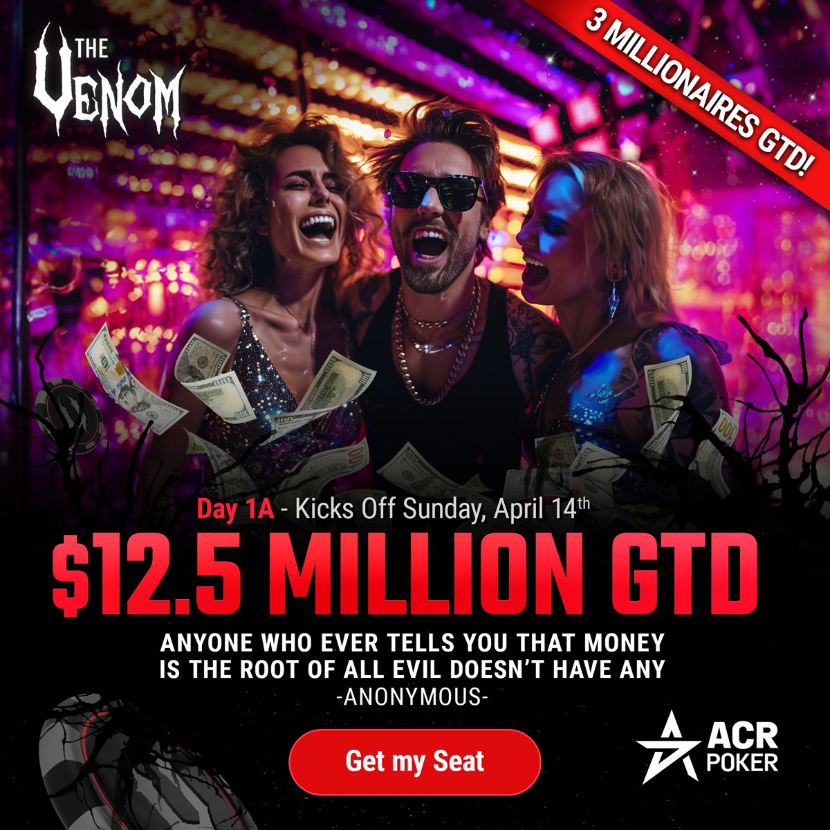 📣 Can you feel the excitement? The $12.5 Million Venom at Black Chip Poker is almost here! 🥇 Day 1A is this Sunday, April 14th. Grab your $2,650 seat for less, and be part of the winning elite! #MakeitBig #Venom #BlackChipPoker
