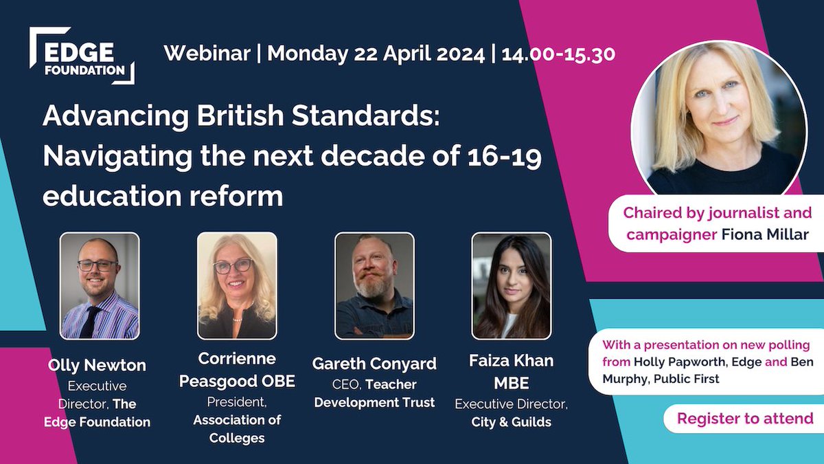 A lot can change in 10 years in education. Join @schooltruth as she chairs a very exciting discussion on the future of 16-19 education with @OllyNewtonUK @TweetFaiza @CorrienneP @GarethConyard Register for your place: eventbrite.com/e/861418494907…