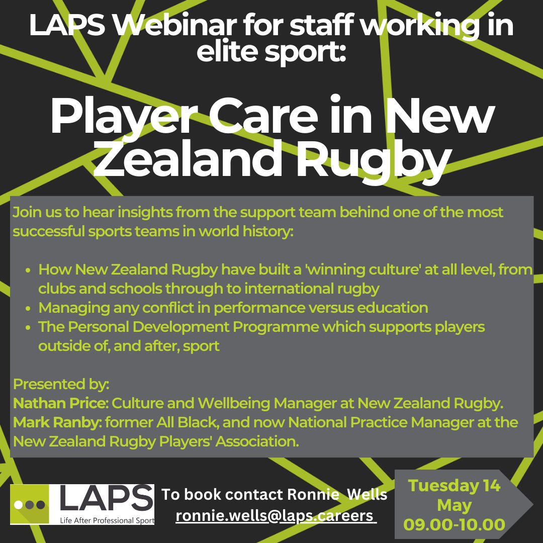 If you work in elite sport or with elite athletes, and you want to get behind the scenes of the All Blacks, then join us on the 14 May. Contact Ronnie Wells to register for your free place. #lifeaftersport #playercare #athletesupport Mark Ranby Nathan Price