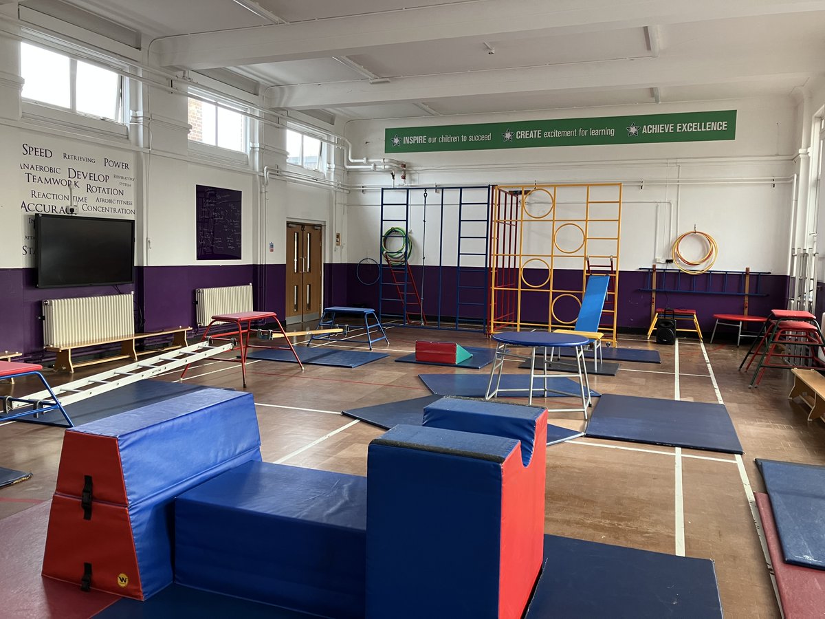PE hall set up ready for our Resource Base PE lesson. Our weekly lesson challenges Stability and Gross Motor skills such as jumping, balance, rolling and climbing. Our children thoroughly enjoy and benefit from this regular engagement. #AutismAwareness @BCSGO @ElliotSchools