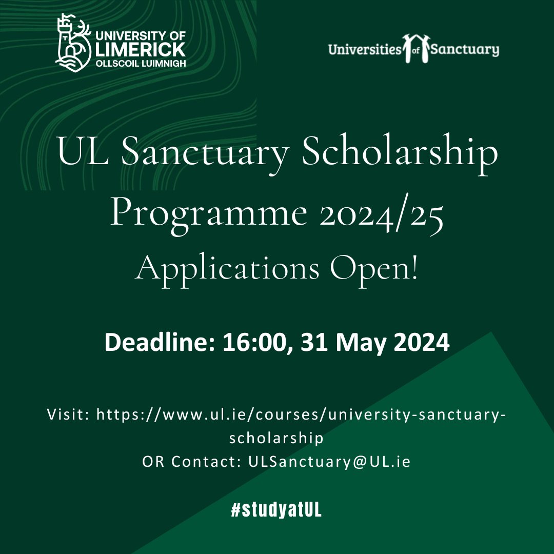 The UL Sanctuary Programme supports and promotes access to education for refugees & asylum seekers in Ireland Applications are now open to for the 2024/25 academic year Apply online here: ul.ie/courses/univer… Deadline: 4pm, 31st May 2024 #StudyatUL