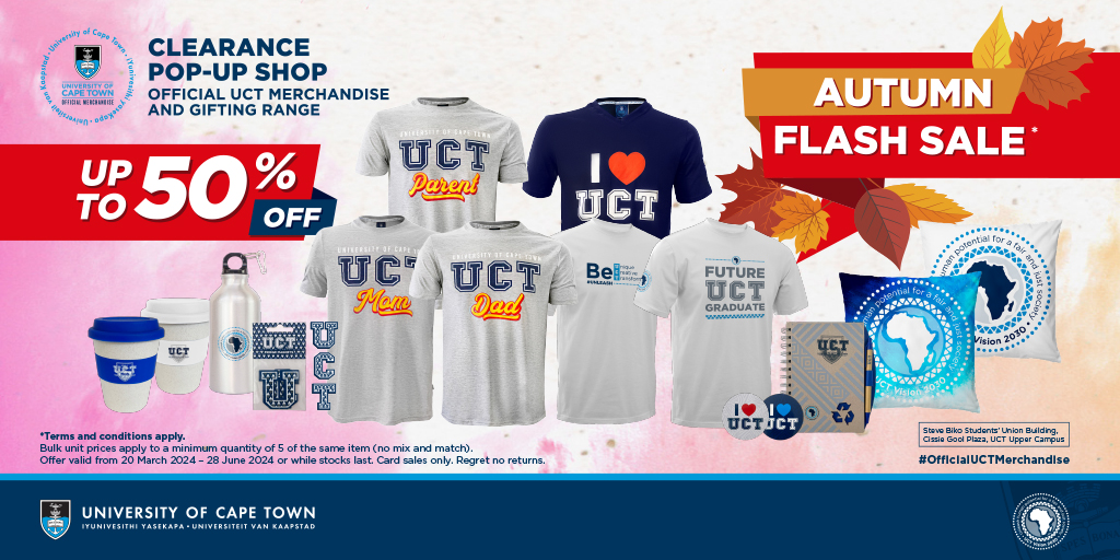 Shop all your favourite #OfficialUCTMerchandise at the UCT Clearance Pop-up Shop located at the Steve Biko Students' Union Building, Cissie Gool Plaza on upper campus on weekdays between 10:00 and 15:00 until 28 June 2024. Don't miss out on your chance to grab authentic…