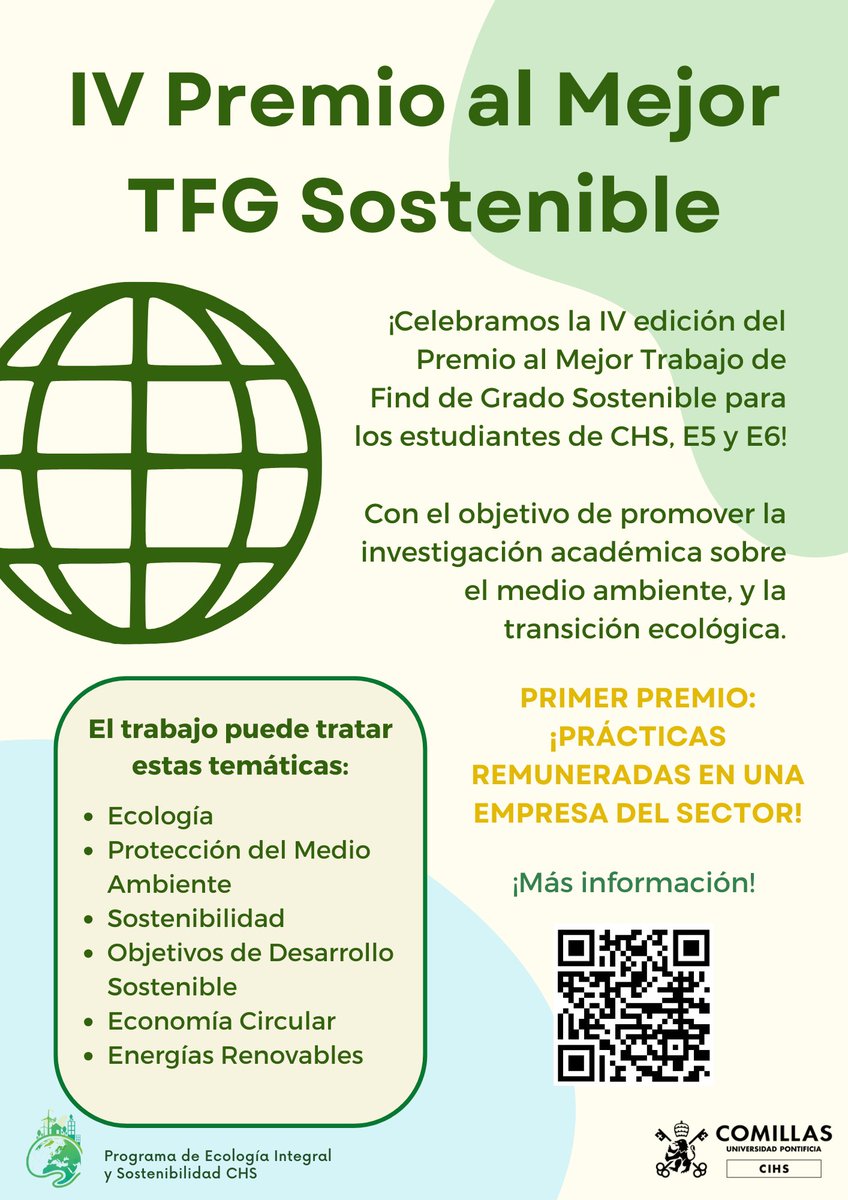Anunciamos la convocatoria del IV Premio al Mejor TFG Sostenible! 
Todos los trabajos de estudiantes de CHS, así como E5 y E6 con las temáticas mencionadas pueden participar. ¡Más información y el link de inscripción en el LinkTree de nuestra biografía!
<a href="/UCOMILLAS/">Universidad Pontificia Comillas</a> <a href="/ComillasCHS/">ComillasCHS</a>
