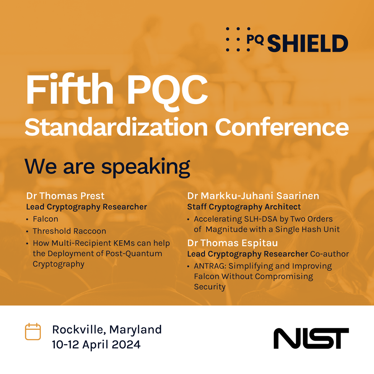 We are looking forward to speaking at the Fifth PQC Standardization Conference in Rockville, MD 10-12 April 2024. Not one, but 5 talks by the wonderful PQShield team! Hope to see you there too. #cryptography #cybersecurity #NIST