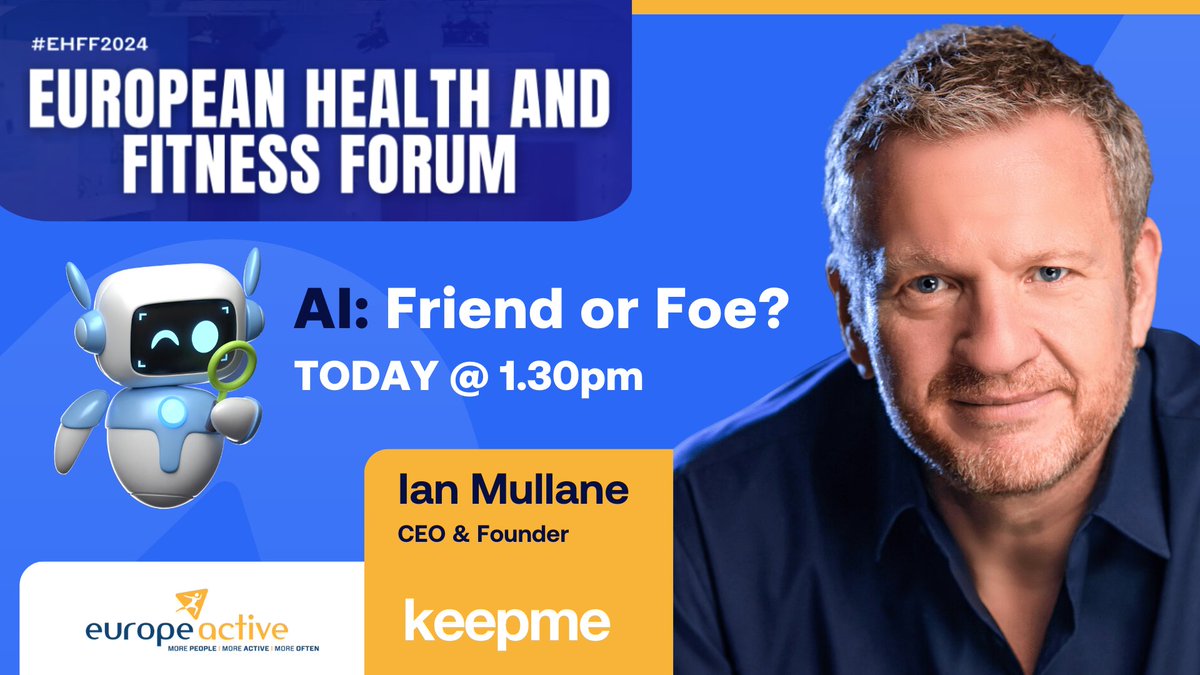 Today's the day! Keepme CEO, Ian Mullane will be taking to the stage at the #EHFF2024 event, hosted by EuropeActive & FIBO.

If you are in Cologne ahead of FIBO tomorrow, you won't want to miss this one! See you there 👋

#EHFF2024 #Keepme #FIBO2024 #AIInnovation #Masterclass