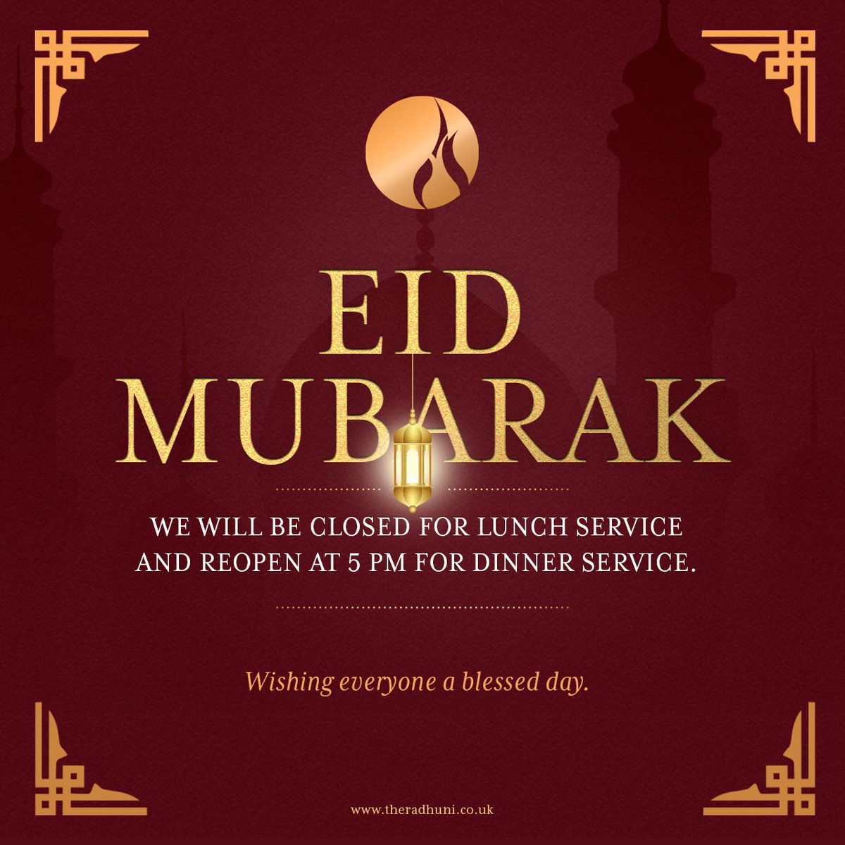 🌜Eid Mubarak!🌜 A reminder that we will be closed for lunch today. However, we are excited to welcome you back for our dinner service starting at 5pm this evening!