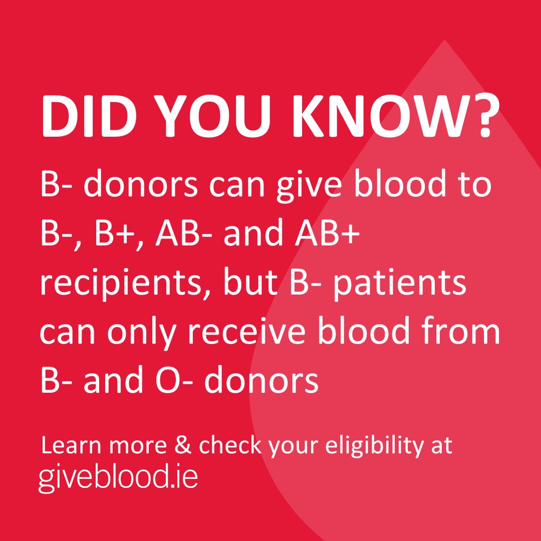 We need more B- donors across the country to meet hospital demand for this vital blood type. Only 2% of the population have B- blood, but it often accounts for almost 3% of the blood needed by hospitals!