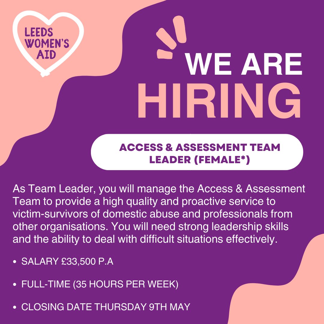 We're looking for a Team Leader for our Access & Assessment Team (AAT) 📣 AAT run the 24hr helpline and online chat service and are the first point of contact for people seeking domestic abuse support. 📞 Learn more and apply for this role: leedswomensaid.co.uk/join-our-team/… #CharityJob