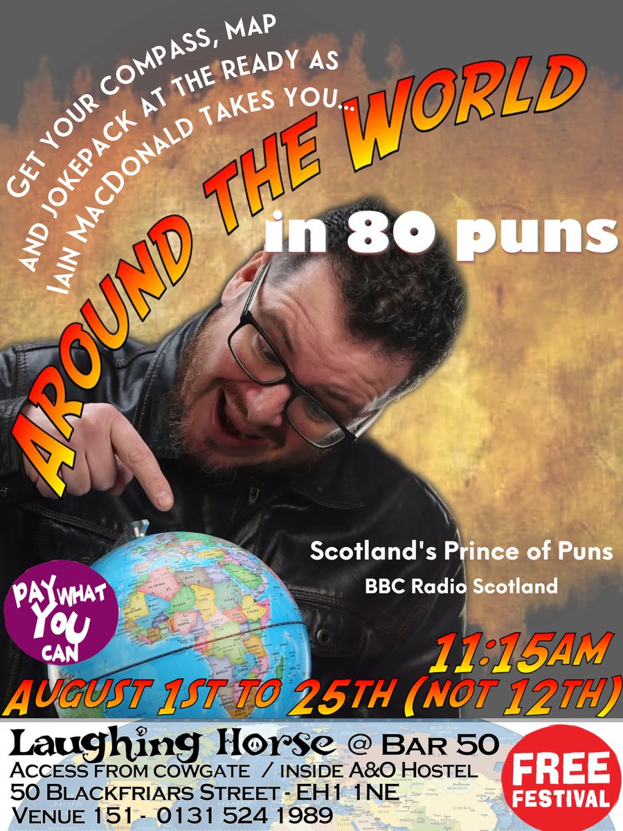 A joke for each and every country in the world. Full rooms last year so best to prebook if you want to come along for the punventure! Come along for the punventure! #quickflyer #edfringe @edfringe