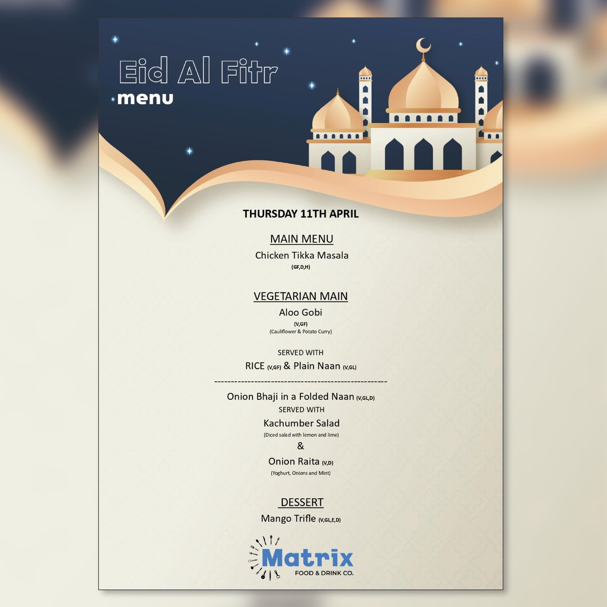 Eid Mubarak! Wishing you and your family a prosperous Eid-Al-Fitr. We will be celebrating with an Eid-themed menu tomorrow at lunchtime🍽️ #EidAlFitr