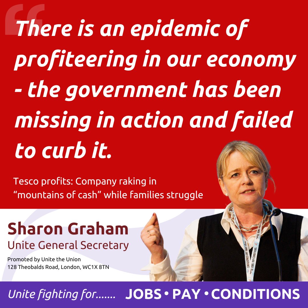 .@Tesco is raking in mountains of cash while families struggle to put food on the table because of sky high prices. Many companies have used the #costoflivingcrisis to grab excessive profits. ➡️ unitetheunion.org/news-events/ne…