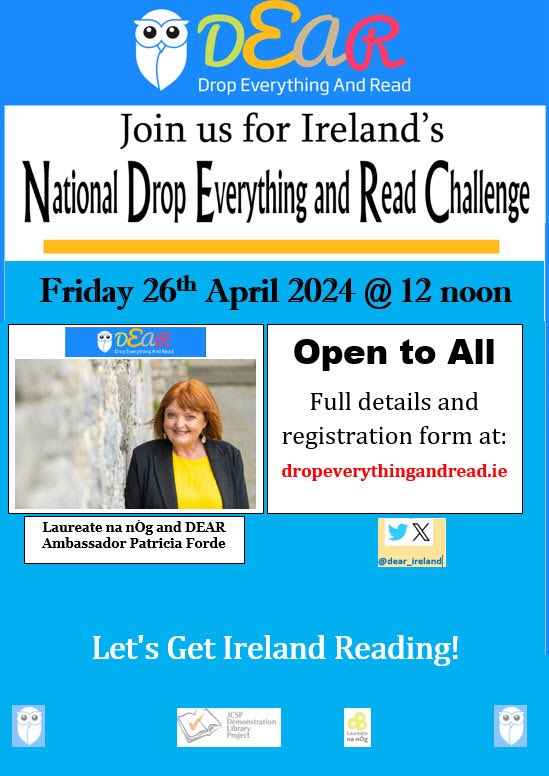 We're back! Our 2024 DEAR Challenge takes place at 12 noon on Friday April 26 2024. Open to all. Get involved! Read all about it on our new website dropeverythingandread.ie Register your support at forms.gle/eGvDfcNommz45e… #DEARIrl #LetsGetIrelandReading