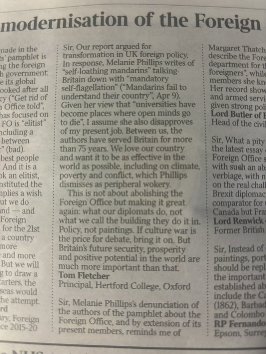 My letter in @thetimes on the response to our report on supporting our diplomats to prepare for challenges ahead. It is not about the name of the organization but what it does. Not about the choice of portraits but the (brilliant) people who are doing the job.