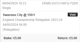 JimmyThePunt's tweet photo. The fuck????? voided the Swansea relegation bet? https://t.co/mbUzCoFqZC