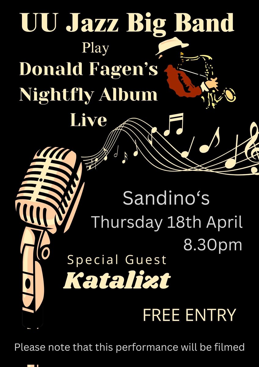 🎶 Exciting FREE Event! 🎷 Prepare to be swept away on 18th April as UU's Jazz Big Band takes the stage at Sandino's, performing the timeless masterpiece that is Donald Fagen's 'The Nightfly' album. 🌙 #freeevent #UUJazzBigBand #WeAreUU