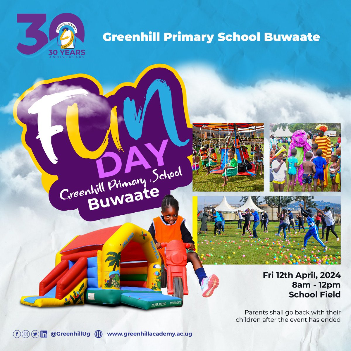 The annual Fun Day for nursery, kindergarten and pre-primary classes is happening on Friday, 12th from 8:00 AM to noon. There will be games, gifts, candy, contests, and more. 🎈👩👨

Don't miss out on all the fun! ☺️
#SchoolFunDay
#GreenhillSchools