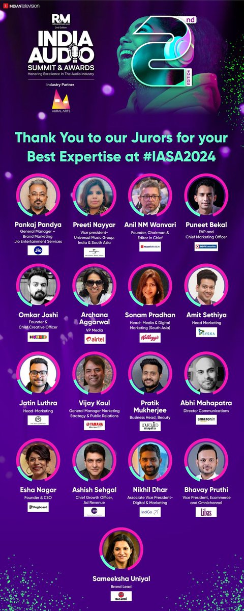 Thanking our Jurors for the Best Expertise & Contribution at the 2nd Edition of India Audio Summit & Awards 2024! For More Info: radioandmusic.com/iasa/ Industry Partner: Aural Arts #IASA2024 #IndiaAudioSummitAwards2024