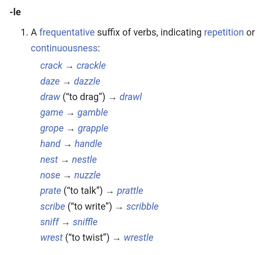 A door blows open in your mind when you learn about the suffix -le, it explains so much. People used to add it to verbs to mean ‘more than once’ or continuously—so originally, to ramble is to ‘roam’ on, to jostle is to joust repeatedly, and to sparkle is to emit lots of sparks.