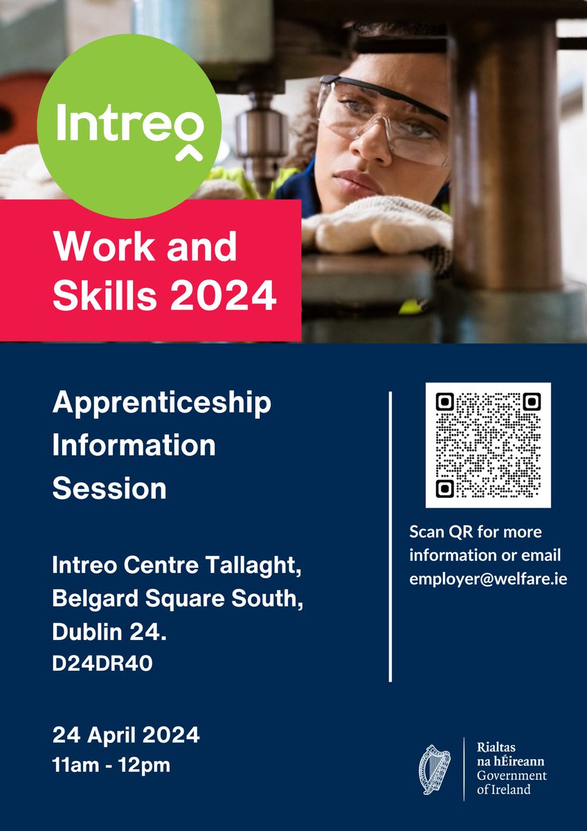 As part of the Work & Skills week, Tallaght INTREO Office are holding an information session on #apprenticeships on the 24th April 2024 - scan the QR code for more information ℹ️
@jobsireland @welfare_ie @apprenticesIrl @ThisisFet 
￼