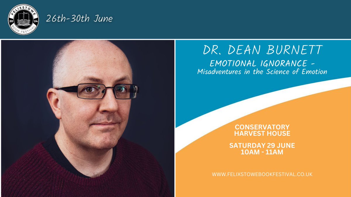 Why can’t we think straight when hungry? What’s the point of nightmares? Why is it so impossible to forget embarrassing memories? After speaking in 2017, @garwboy returns to Felixstowe Book Festival to discuss his latest book, Emotional Ignorance. 🎟️👉 felixstowebookfestival.co.uk/events/dr-dean…