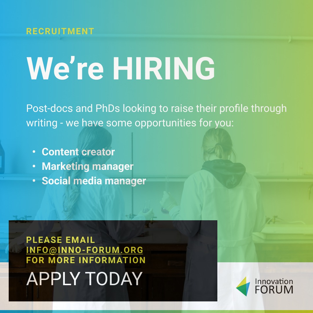 Innovation Forum (@innovation_f) on Twitter photo ❗We're hiring!❗
If you're a PhD or post-doc with a passion for science communication, we have some opportunities for you.
Our latest roles offer the chance to raise your individual profile with our network.
Please email info@inno-forum.org for more information!
#opportunity ❗We're hiring!❗
If you're a PhD or post-doc with a passion for science communication, we have some opportunities for you.
Our latest roles offer the chance to raise your individual profile with our network.
Please email info@inno-forum.org for more information!
#opportunity