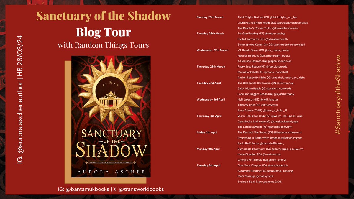 MASSIVE THANKS #RandomThingsTours Bloggers for supporting #SanctuaryoftheShadow #AuroraAscher @TransworldBooks 

Please share reviews on Amazon/Goodreads