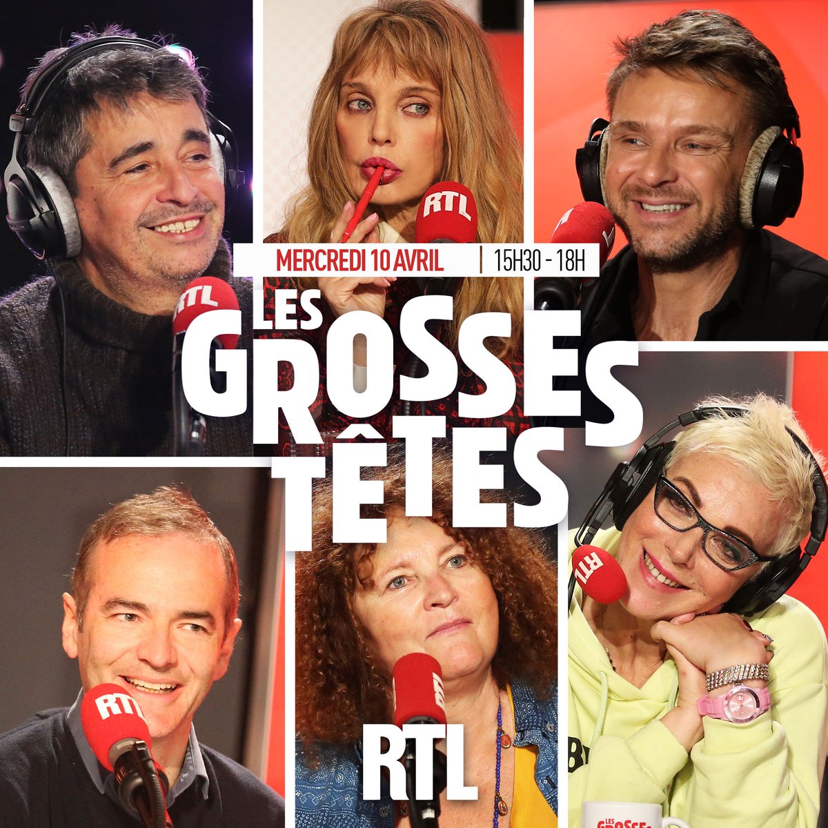 Bonjour à tous ! Découvrez Les Grosses Têtes de ce mercredi 10 avril. Autour de @ruquierofficiel aujourd'hui : 🎙️ #ArielWizman 🎞️ @ArielleDombasle ✈️ @Jeanfi_Janssens 🇦🇷 #MarcelaIacub 🖋 @FranckFerrand 🎭 #ValérieMairesse 📻 Coup d'envoi de l'émission 👉 15h30 sur RTL