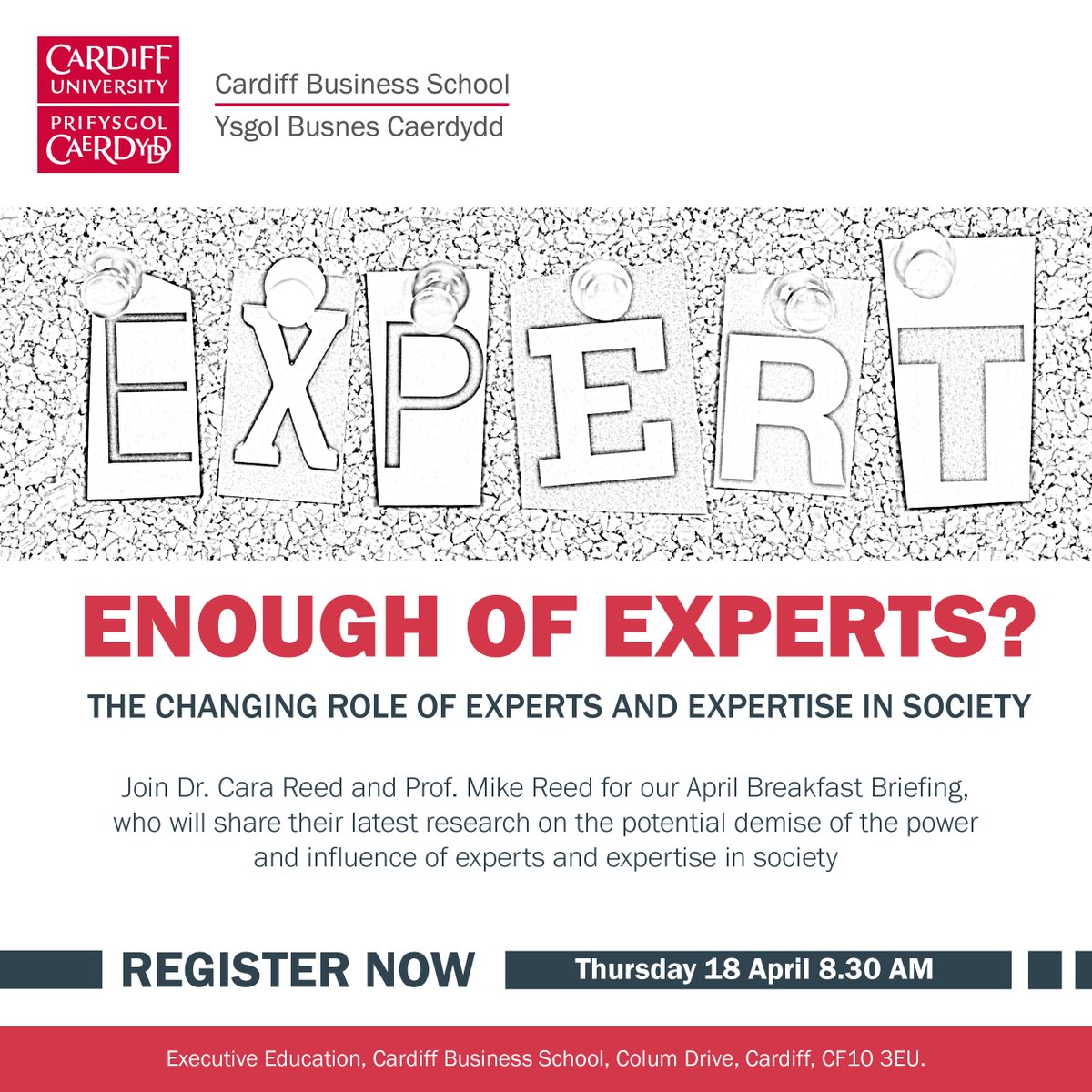 There's still time to register to join us at @cardiffbusiness Executive Education for our April #Breakfastbriefing, and hear the latest research on the changing role of experts and expertise in society. 🗓️Thurs 18 April 📍@cardiffbusiness 🎟️tinyurl.com/25s3c7dw