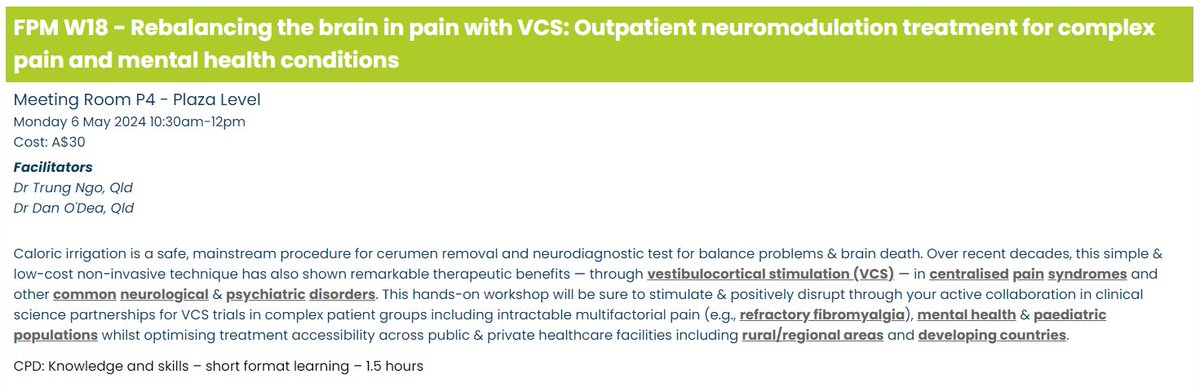 <a href="/RachelDavid99/">Rachel David</a> <a href="/PHA_Healthcare/">PrivateHealthcareAus</a> <a href="/abcnews/">ABC News</a> That's why I'm running this inaugural world-first &amp; Australian-led #VCS chronic pain therapy workshop, with many more to come!

Pain relief in refractory #fibromyalgia after caloric irrigation — a safe, low-cost &amp; non-invasive neuromodulation technique 

bit.ly/VCSpain