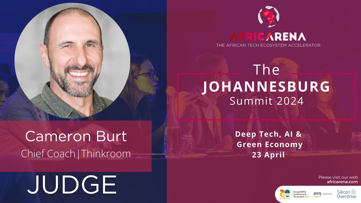 Looking forward to the <a href="/AFRICARENA/">AfricArena</a> Jozi Summit!

Chief coach <a href="/CameronBurtZA/">Cameron Burt</a> will be there judging pitches - top tip from Coach Cam: Keep it simple, consider your pitch from your audience's perspective.

Buy tickets: bit.ly/AAJHB24

#AfricArena2024 #JohannesburgSummit