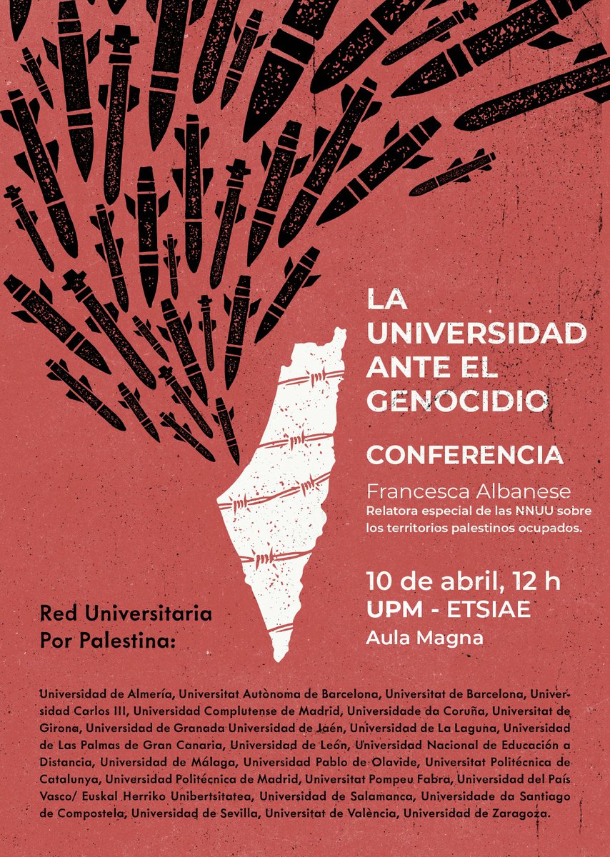 Más de 40 universidades proyectan hoy la conferencia "La Universidad ante el genocidio" de Francesca Albanese, relatora especial de Naciones Unidas sobre los territorios palestinos ocupados. Pásate!