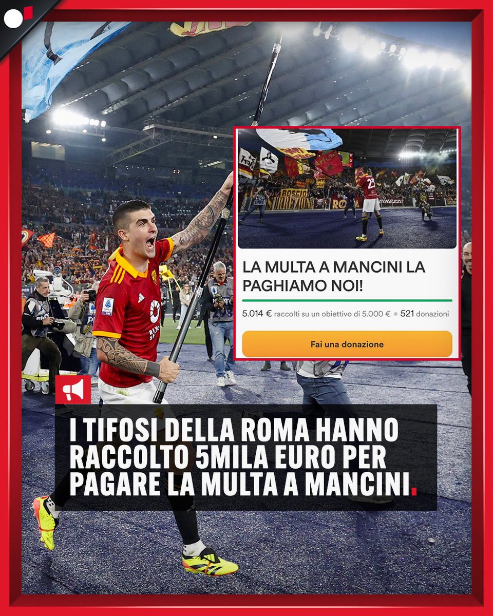 Dopo che il giudice sportivo ha inflitto una multa di 5mila euro a Mancini per il caso della bandiera post derby, i tifosi della Roma si sono attivati con una raccolta fondi per pagarla e in poche ore hanno superato la cifra prevista. Ci sono anche 14 euro in più per il fastidio