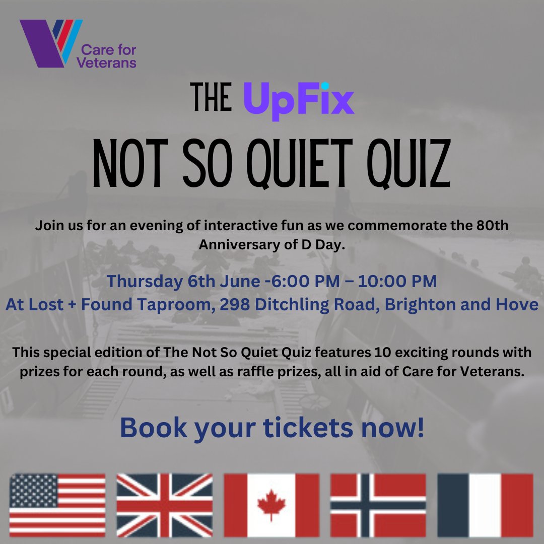 Join us at Lost + Found Taproom for 'The Upfix The Not So Quiet Quiz' on June 6th, from 6 PM! We're commemorating the 80th Anniversary of D-Day with a night full of quirky questions, with prizes for the victors. careforveterans.org.uk/events/the-not… #QuizNight #careforveterans #Worthing