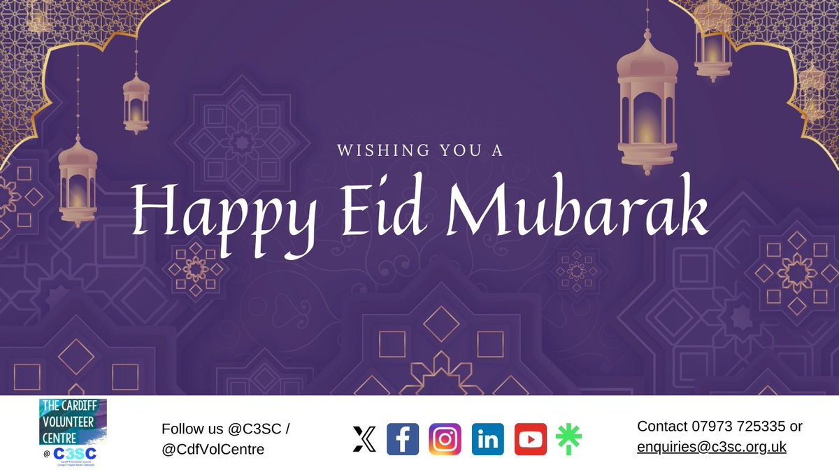 The Cardiff Volunteer Centre @C3SC would like to wish a Happy Eid Mubarak to all our volunteers, community members and partners celebrating today however big or small. We also think of those suffering unimaginable loss. #EidAlFitr