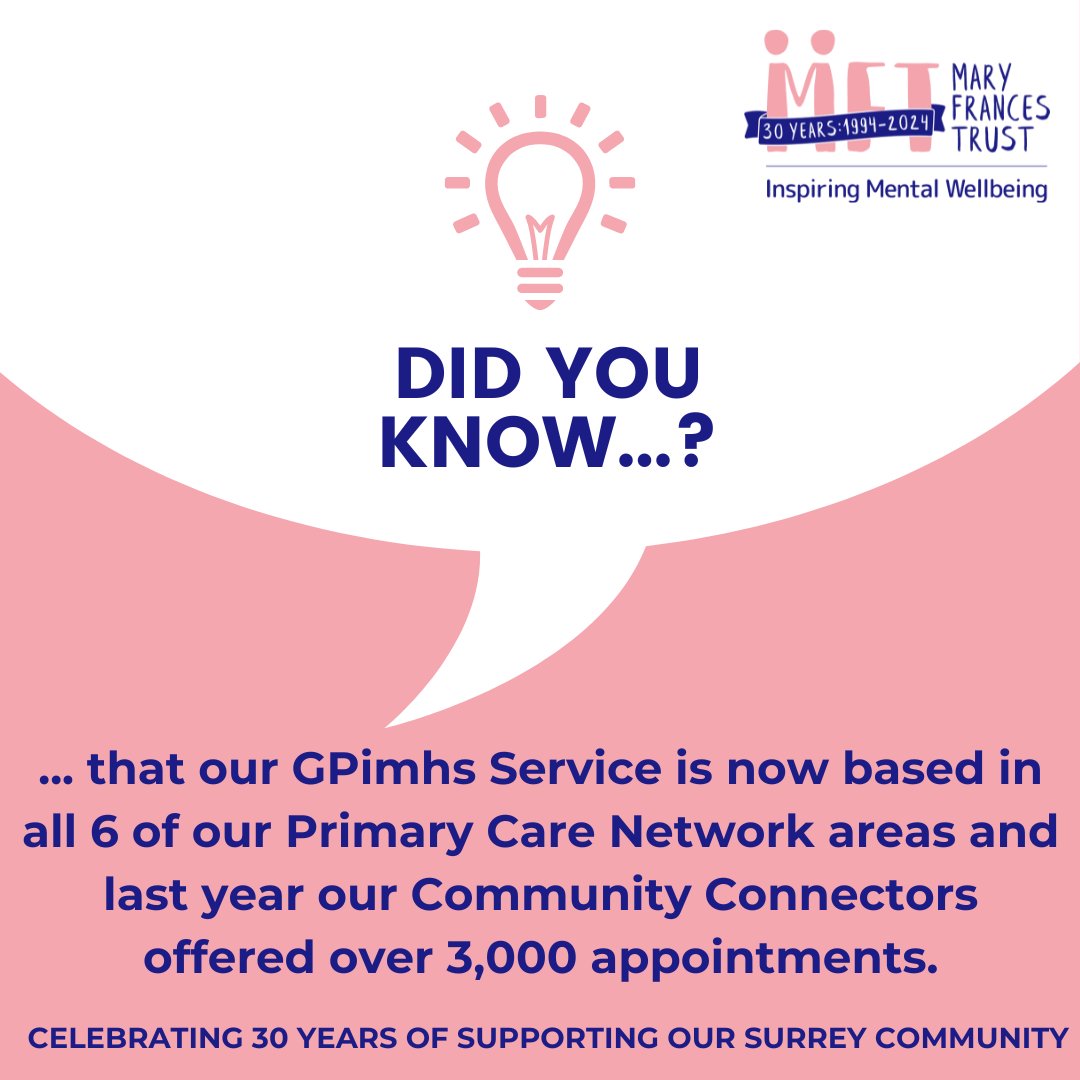 If you are concerned about your #MentalHealth you can get access to extra support from your GP. Find out where our GPimhs Community Connectors are based and how we can help ⬇️ maryfrancestrust.org.uk/how-we-help/pr… Delivered in partnership with @sabpNHS @CATALYSTethos @rfmentalhealth