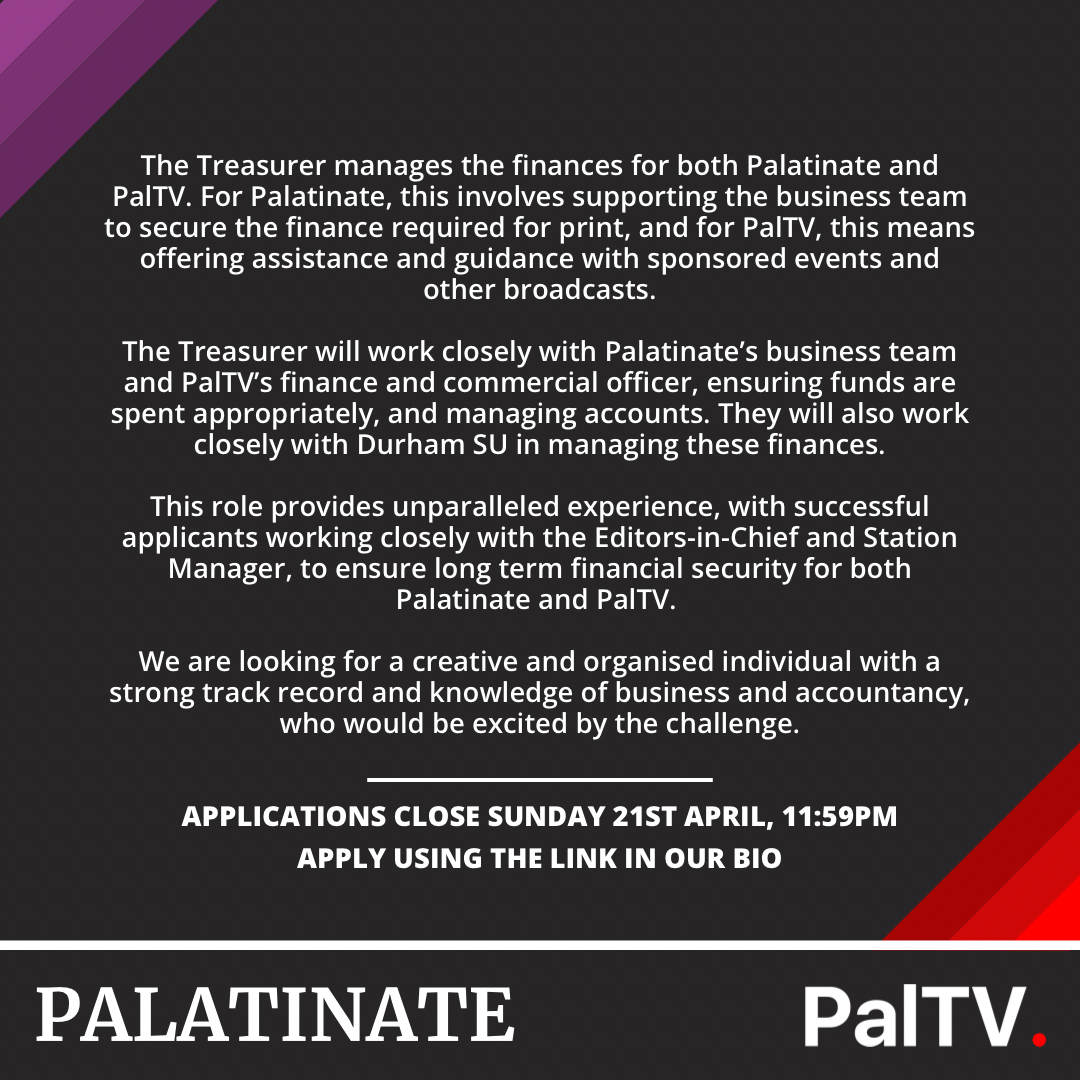 PalTVUK's tweet photo. @PalatinateUK  and @PalTV are looking for a new Treasurer!

Applications are open until Sunday 21st April, 11.59pm. 

Application form: https://t.co/tCbMG6dFM0 https://t.co/bgB3T3fexO
