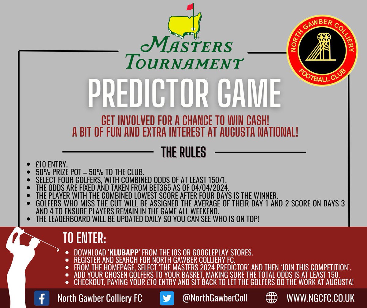 NorthGawberColl's tweet photo. ⛳️💰MASTERS PREDICTOR💰⛳️ 

With the Masters starting at Augusta National tomorrow, be sure to choose your foursome today to get involved!

Follow the link to pick your golfers…  https://t.co/maaifGh5Ta https://t.co/9YJWLoNsjM