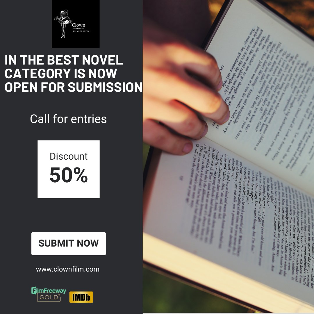 The submission for the Best Novel category is now open. Discount code: CLOWN50 Submit your project via filmfrreeway #project #imdb #filmfreeway #submission #filmfestival #bestnovel #director #Producer