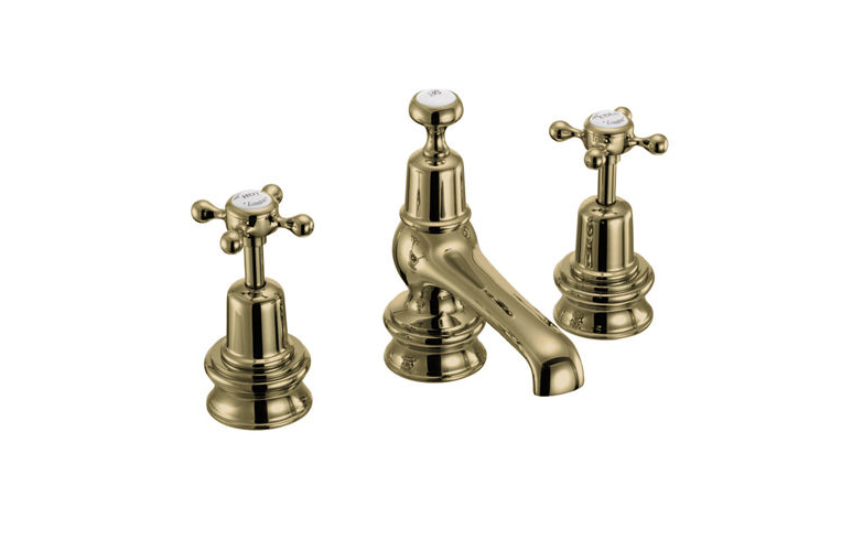 Burlington Claremont Regent 3 hole basin mixer tap in gold finish with white accents and pop up waste (quarter turn). £348 at Taps4Less with free delivery. taps4less.com/burlington-cla…