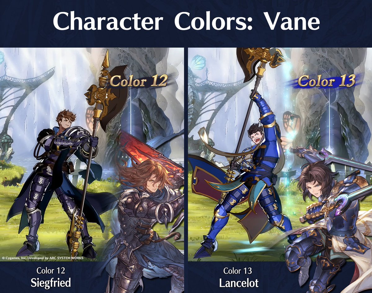 🛡 Some of Vane's alternate colors pay homage to his fellow Dragon Knights! 🎨Color 12: Siegfried 🎨Color 13: Lancelot In addition to being character level rewards, character colors can be also purchased from the in-game Rupie Shop! #GBVSR