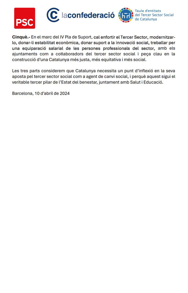 Amb la @Taula3sector i @LaConfederacio hem analitzat les conseqüències de la falta de pressupostos per al 2024 i les propostes de futur per a la nova legislatura. Catalunya necessita estabilitat per posar les polítiques socials al centre de l'acció política. Treballarem…