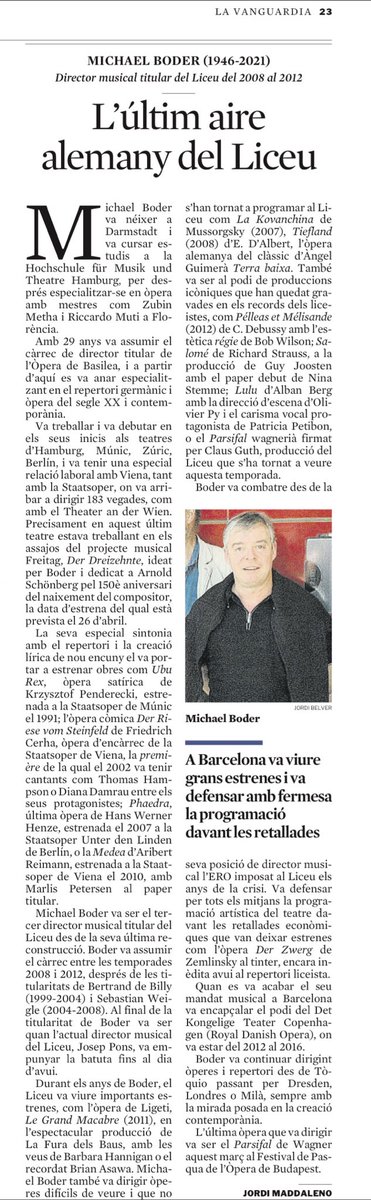 In memoriam #MichaelBoder (1946–2024), director musical del @Liceu_cat del 2008–2012. #Obituari @LaVanguardia #necrológica